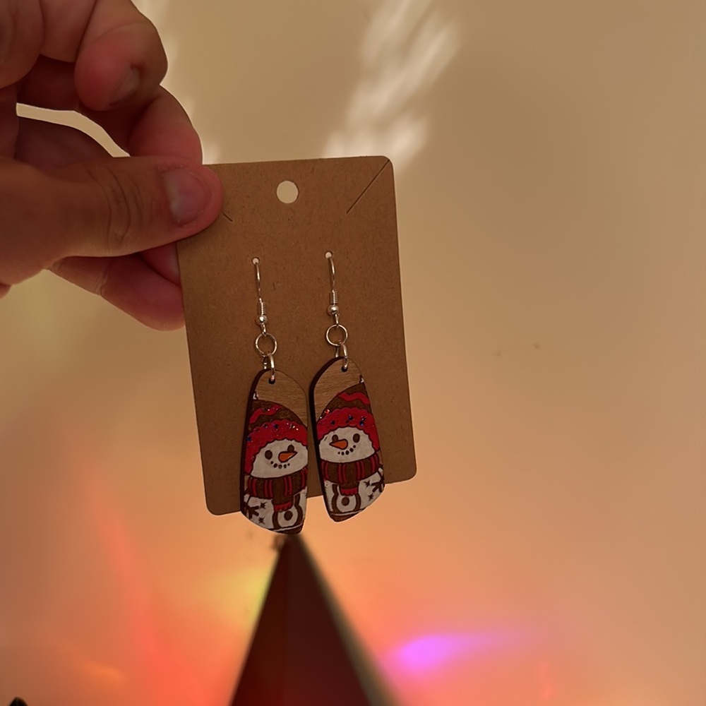 Handmade Wooden Snowman Christmas Dangle Earrings Hand Painted Winter Holiday - Picture 7 of 8